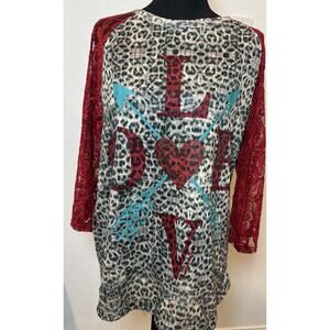 Southern Grace Animal Print LOVE Jersey Tee with Red Lace Sleeves Size XL